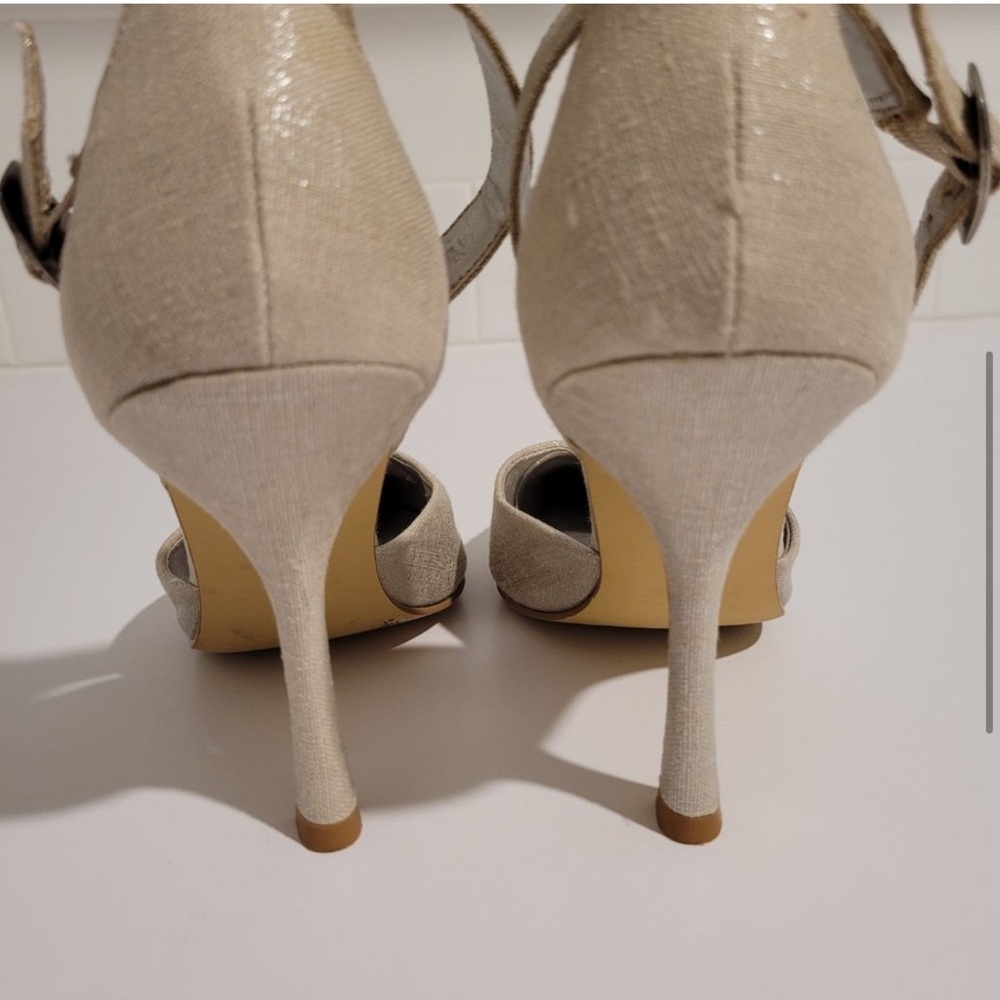 BCBG Paris Size 11B Pointed Toe Silver Linen Ankle Strap Pump 4.5 inch Heel